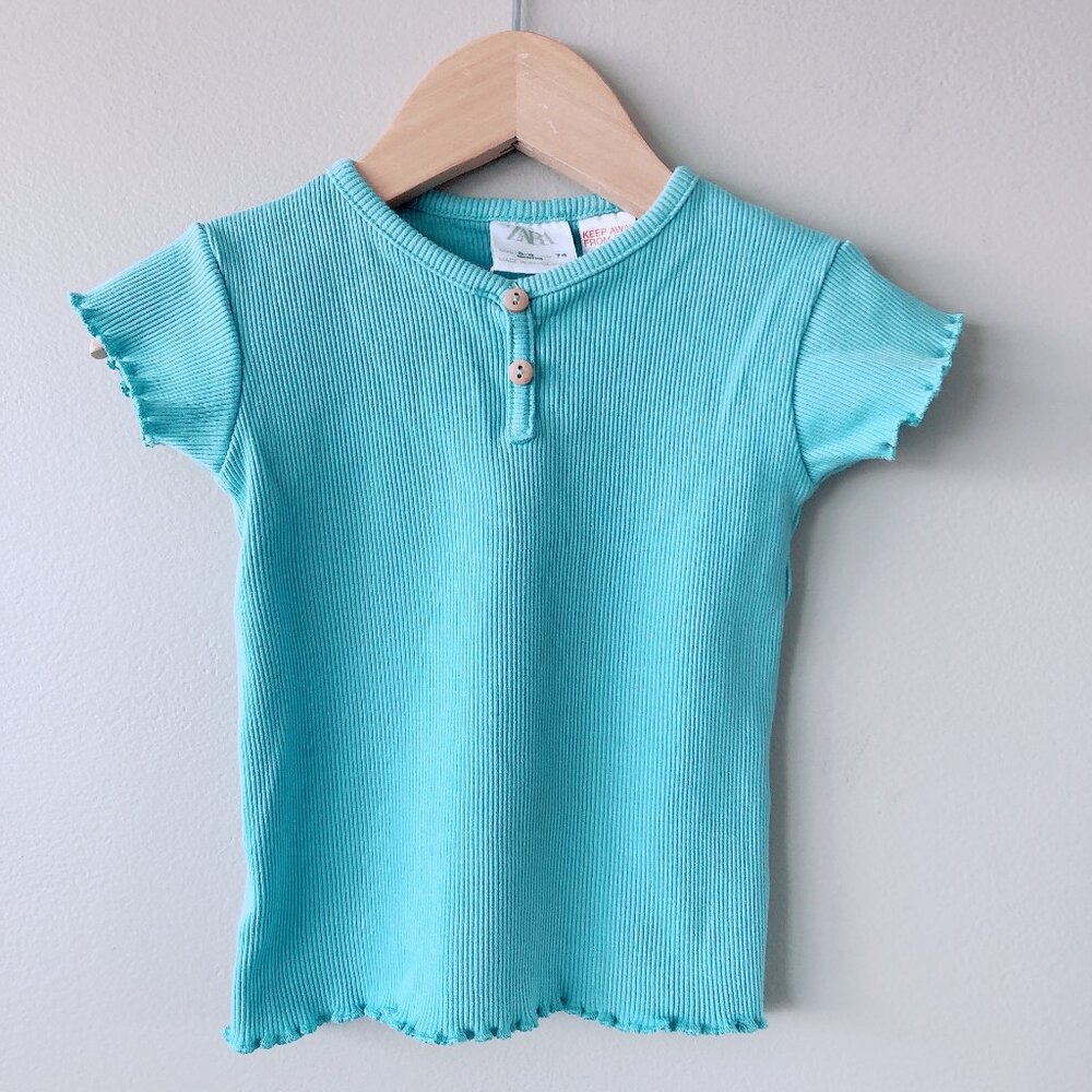 $2 Zara t-shirt 6-9m ribbed baby tee lettuce hem light teal baby girl